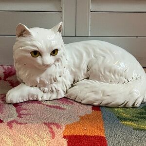 Homco Vintage Large Ceramic White Persian Cat Figure With Yellow Glass Eyes#1147
